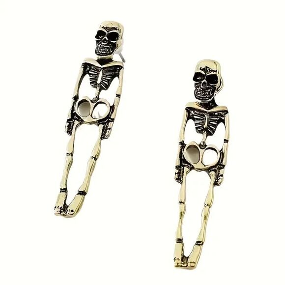 Halloween Dangle Skeleton Earrings In Brushed Gold - Picture 3 of 3